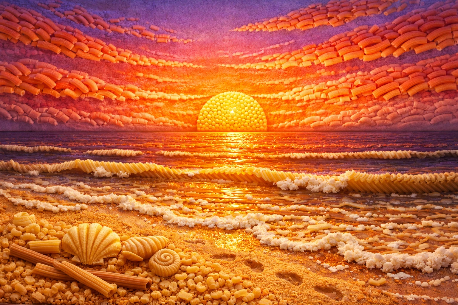 Macaroni sunset over a tranquil pasta crafted beach