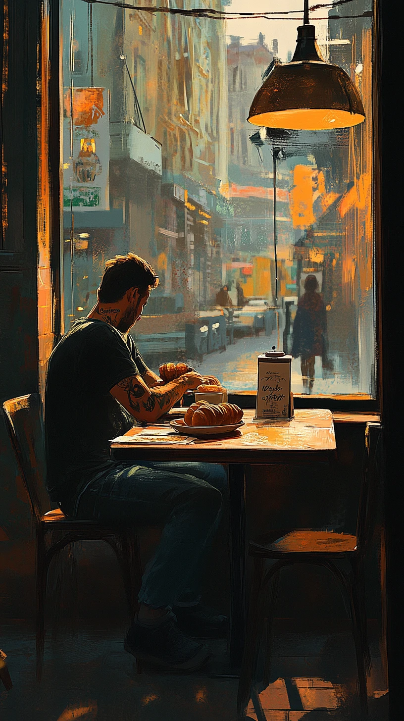 Tattooed man alone in a vintage diner with coffee