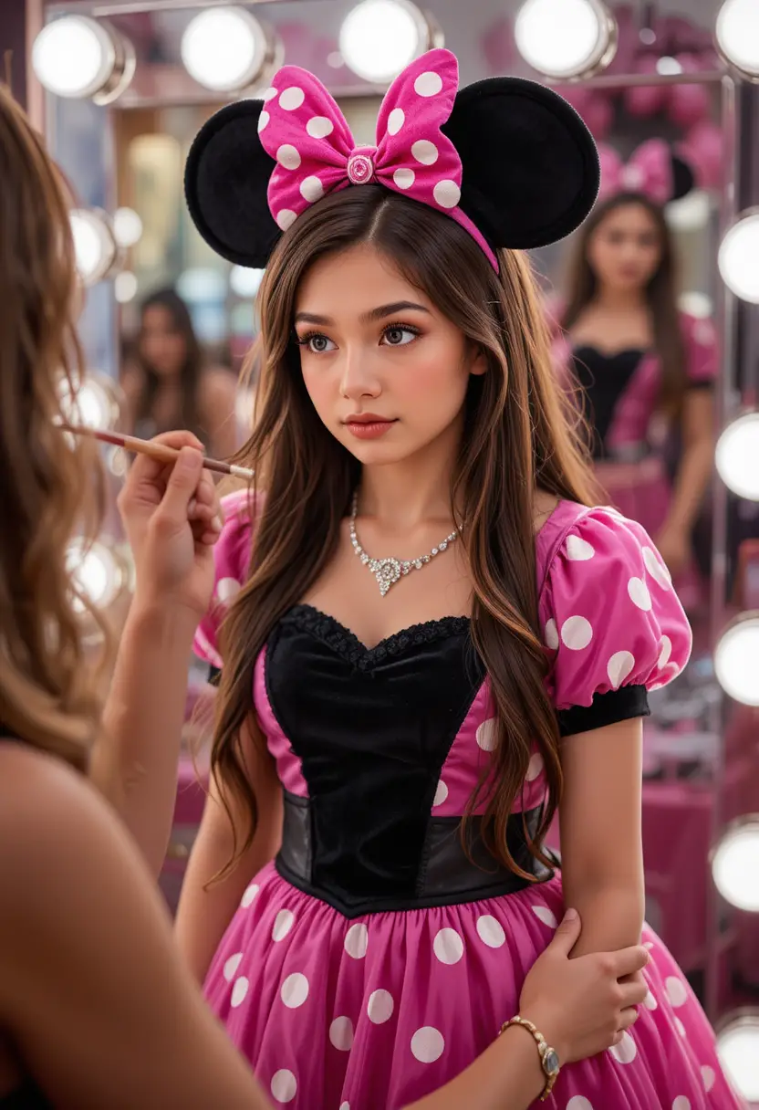 Jeune garçon en robe de Minnie se faisant maquiller dans une boutique