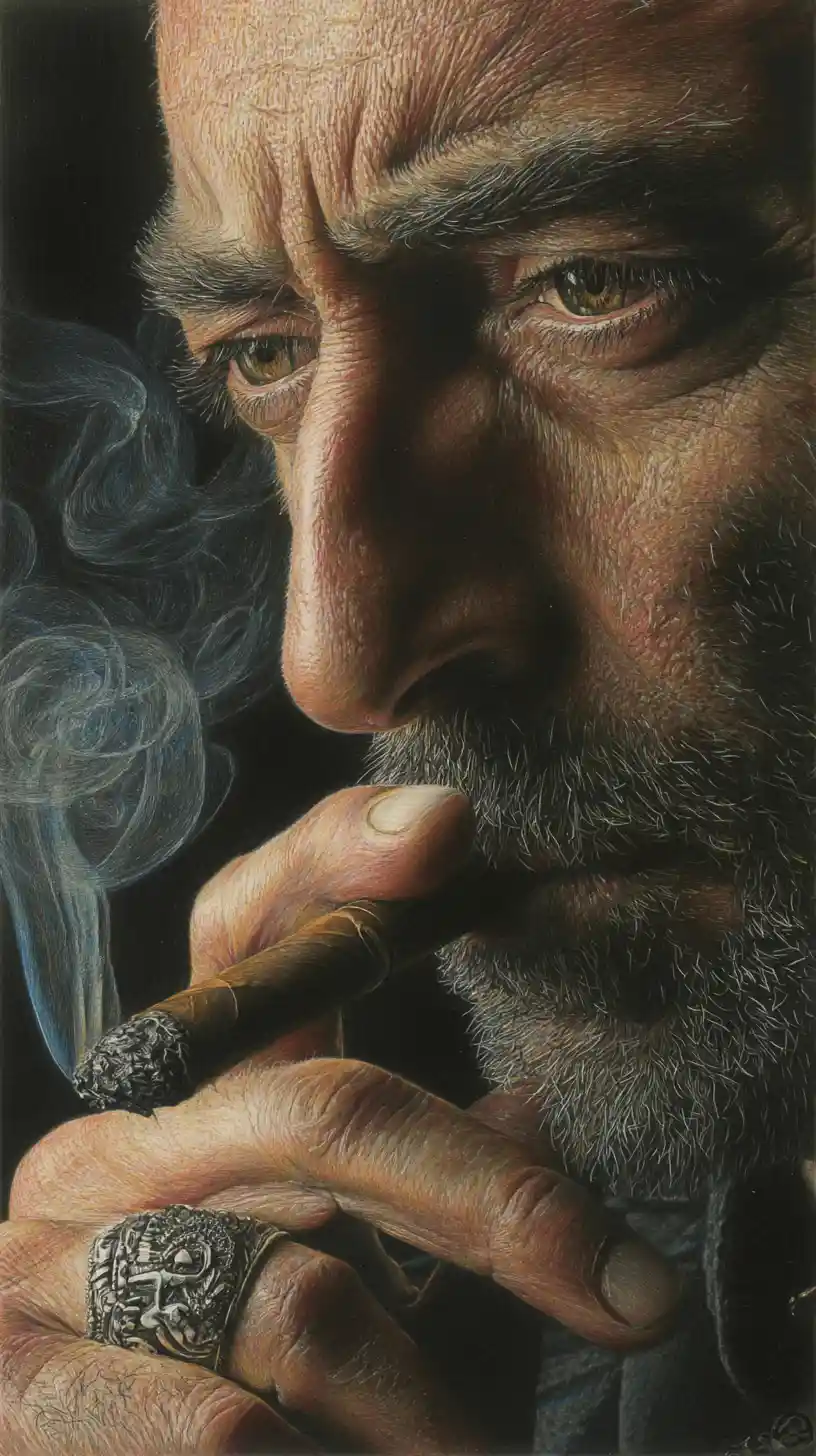 Hombre maduro fumando un puro en retrato a lápiz detallado