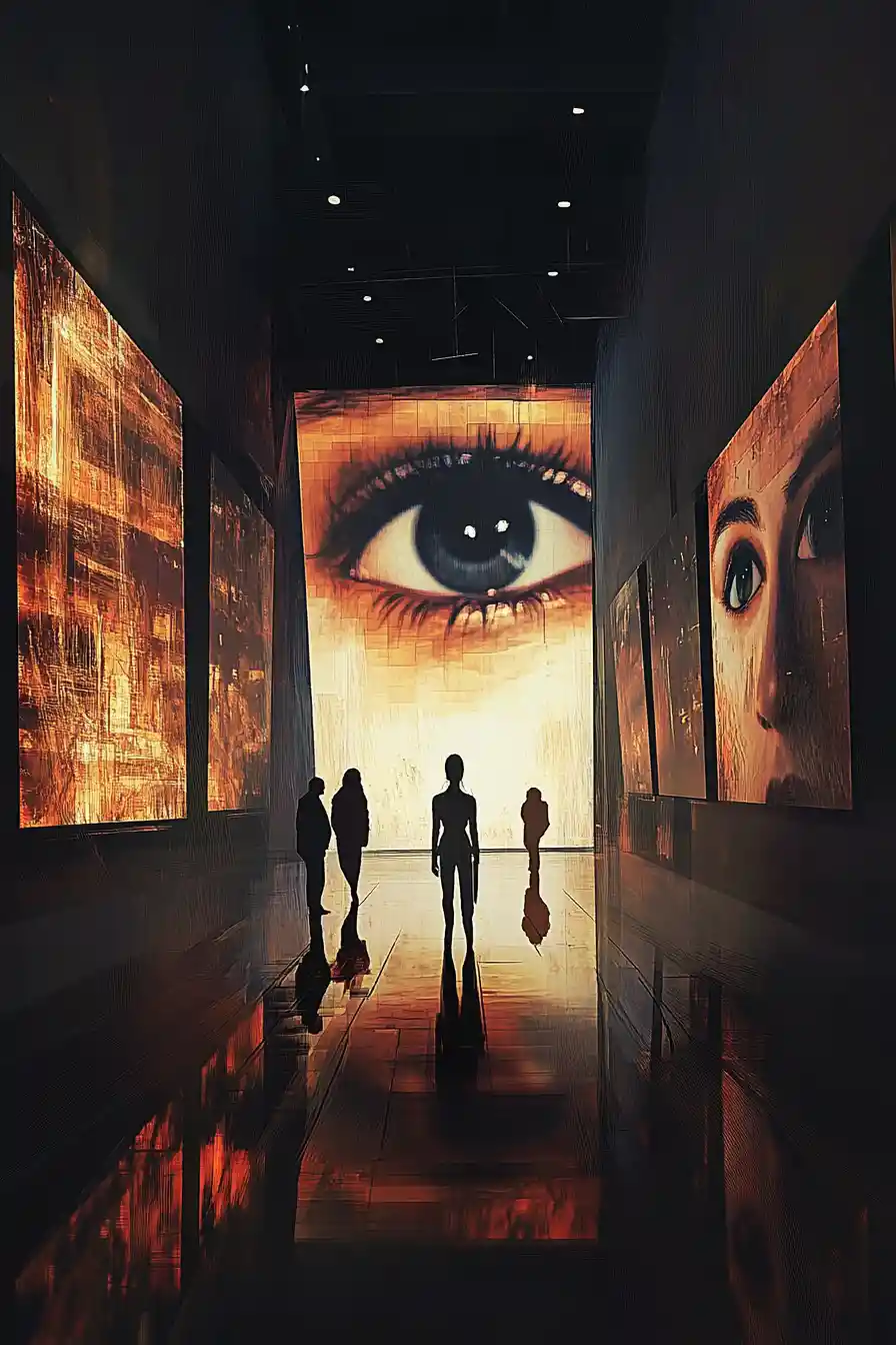 Dark satirical scene in a modern gallery with glowing art