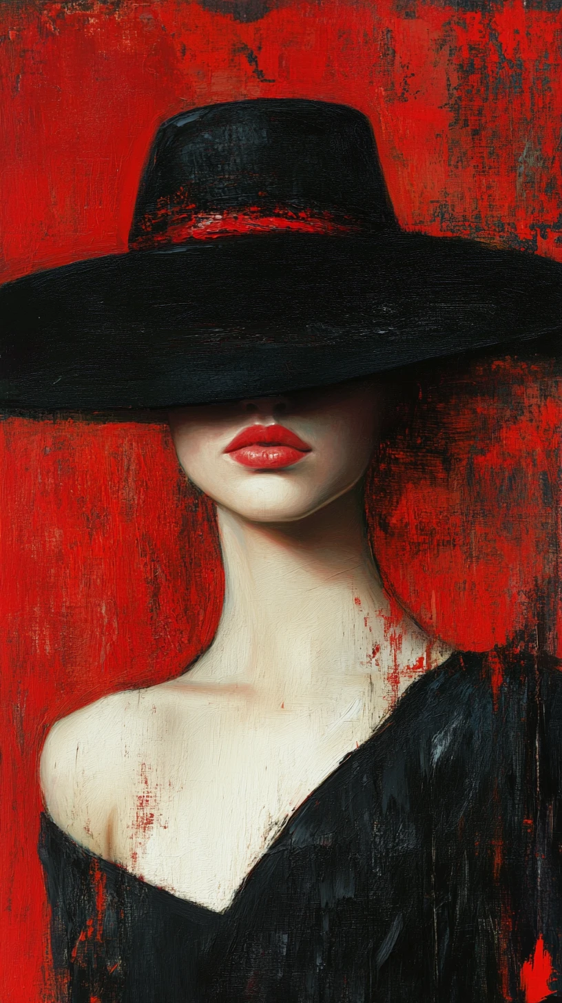 Retrato de mulher misteriosa de chapéu preto e lábios vermelhos