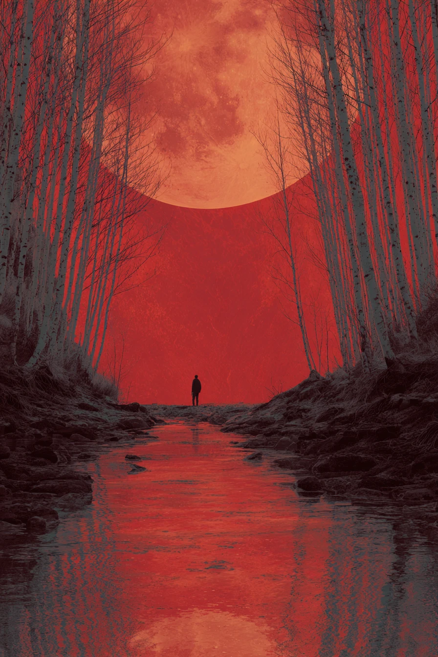 Dreamlike forest stream under a glowing full moon