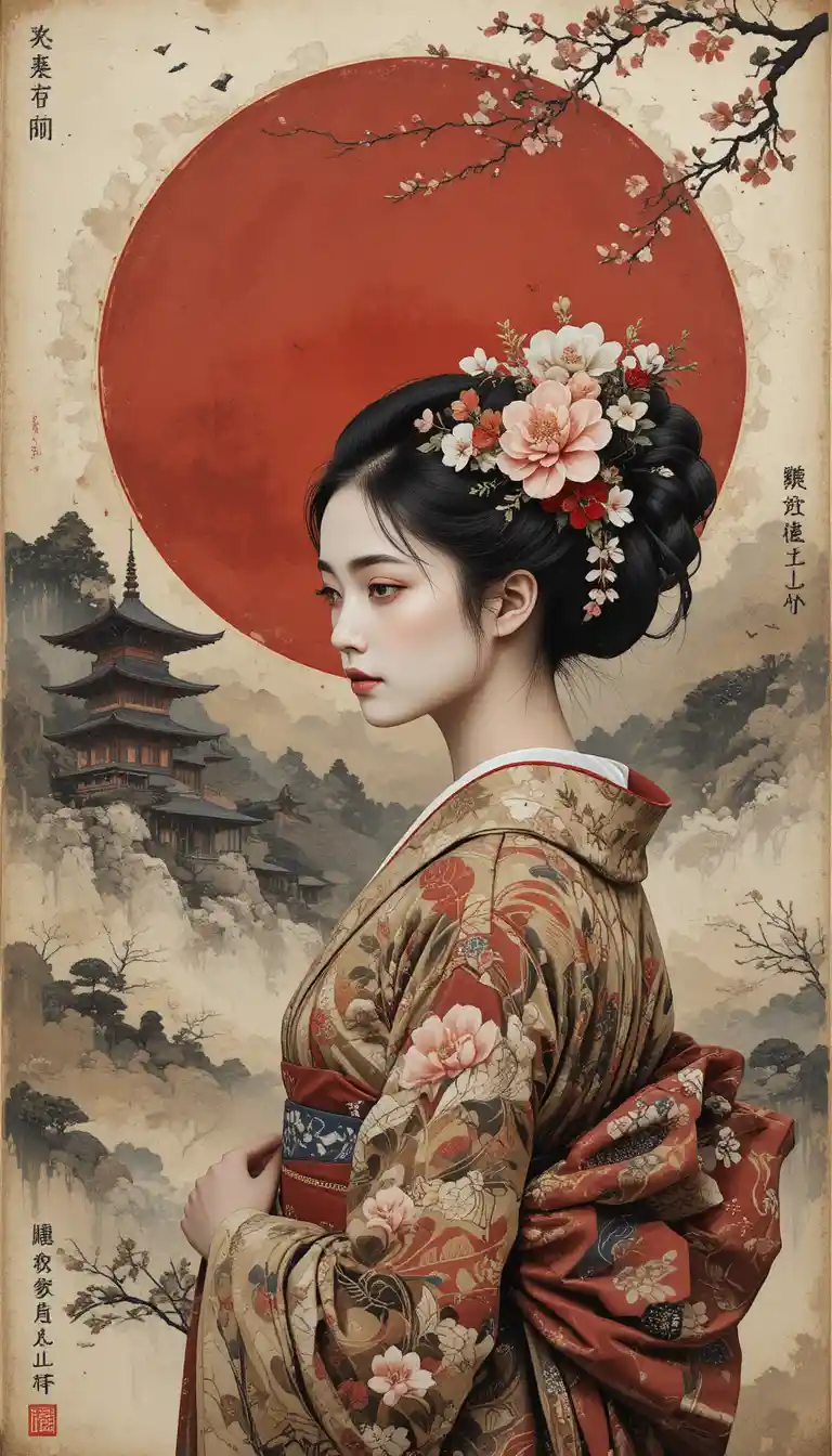 Impressionist portrait of a geisha amid layered Japanese motifs