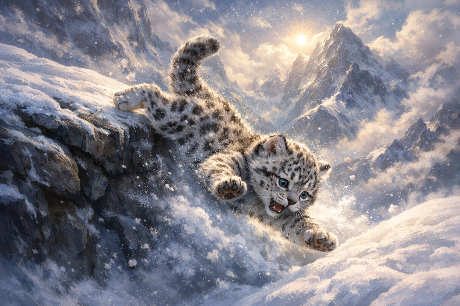 Cucciolo di leopardo delle nevi che scivola da una sporgenza rocciosa nella neve