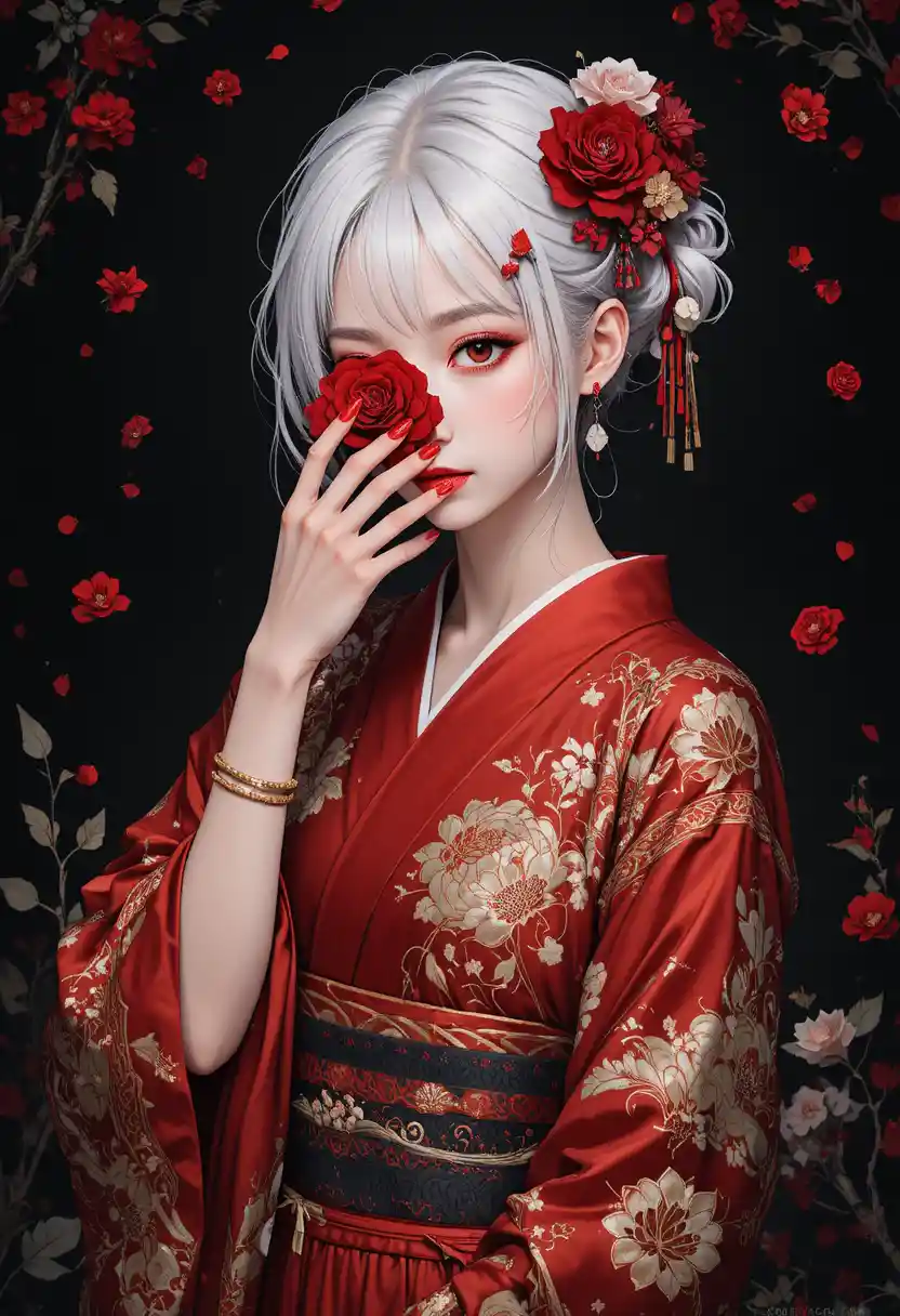 White haired woman in kimono hiding her face with rose