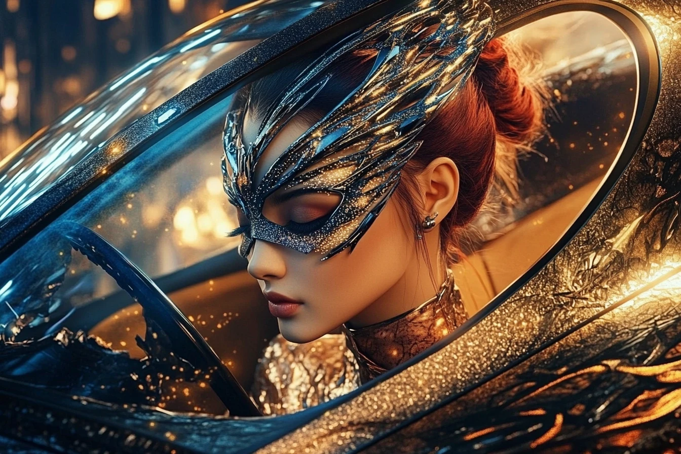 Giovane donna in un'auto futuristica all'ora d'oro