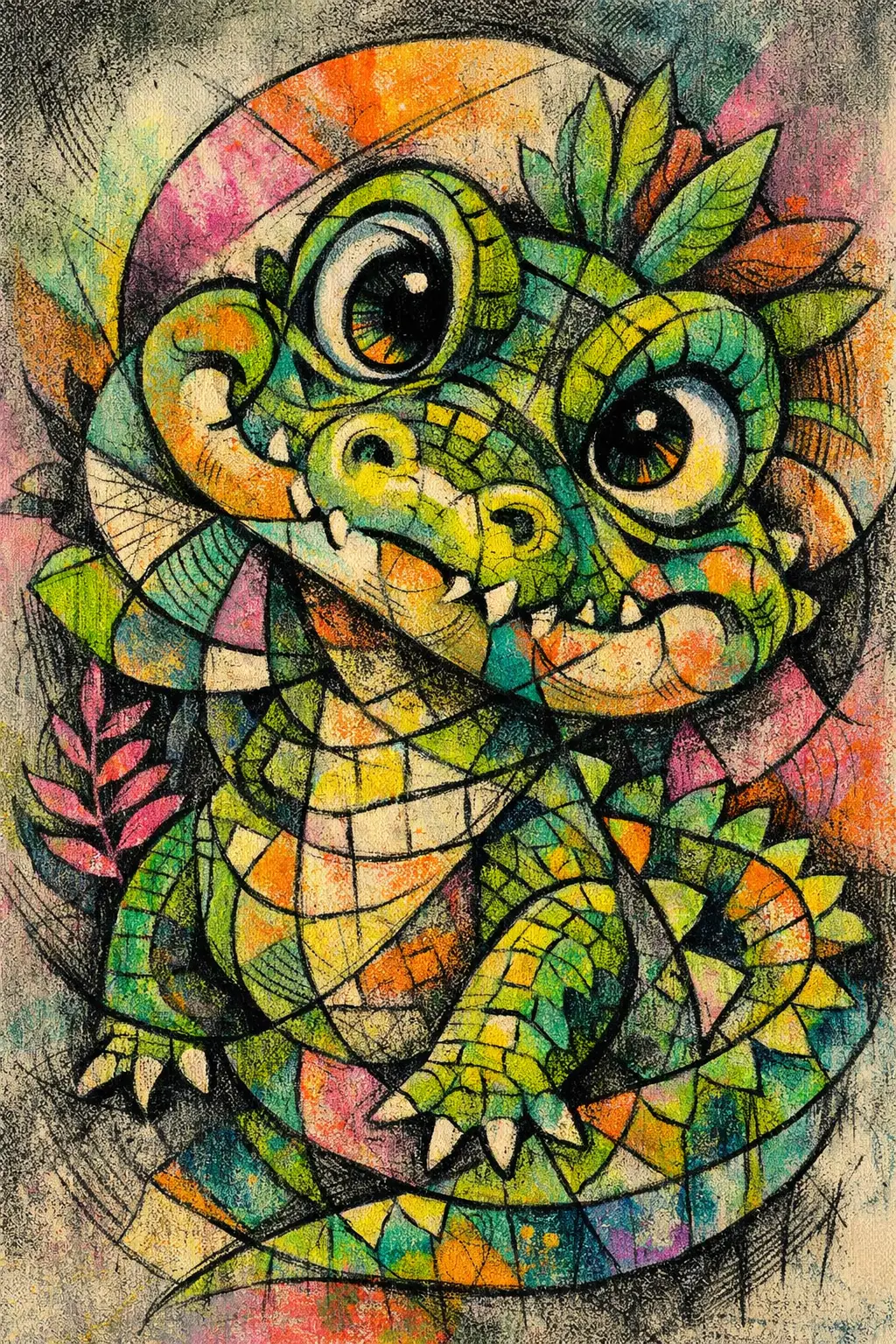 Portrait abstrait de bébé alligator avec tête inclinée et couleurs néon