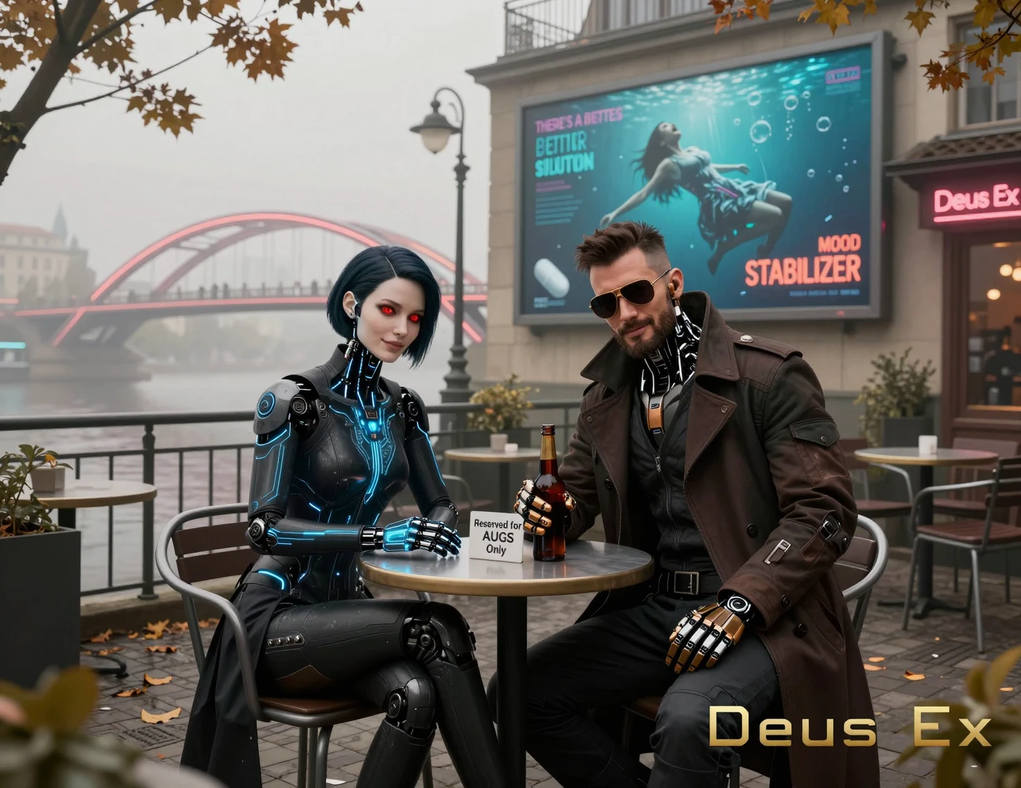 Detective potenziato e cyborg femminile in un caffè tranquillo