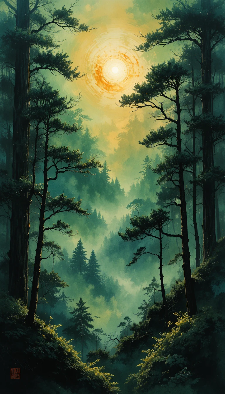 Pintura a tinta de bosque zen con amanecer y sombras profundas
