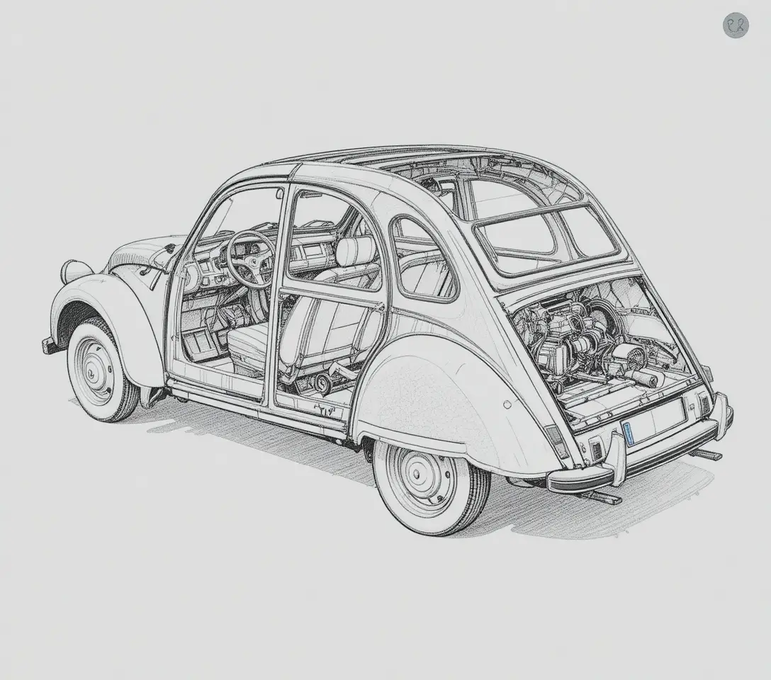 Technical cutaway drawing of a classic compact car