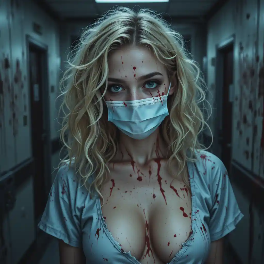 Blonde Krankenschwester mit blutiger Maske in dunklem Krankenhausflur