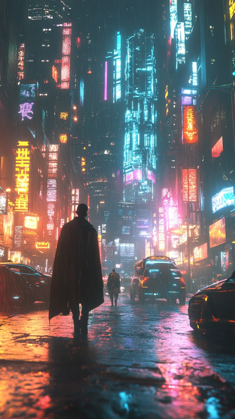 Città fantasy futuristica con rune al neon e grattacieli