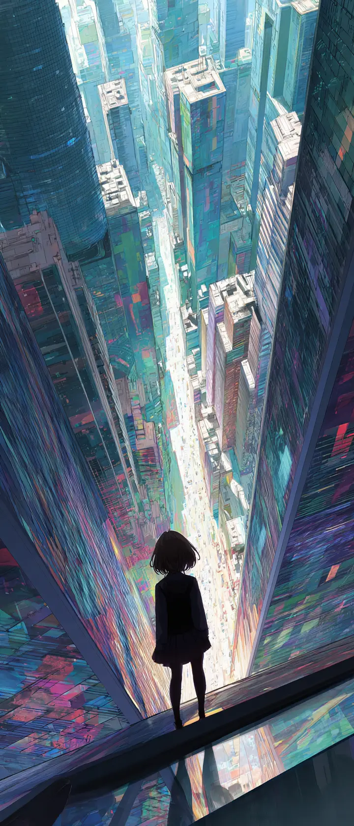 多形的な未来高層ビルの峡谷に立つアニメ少女