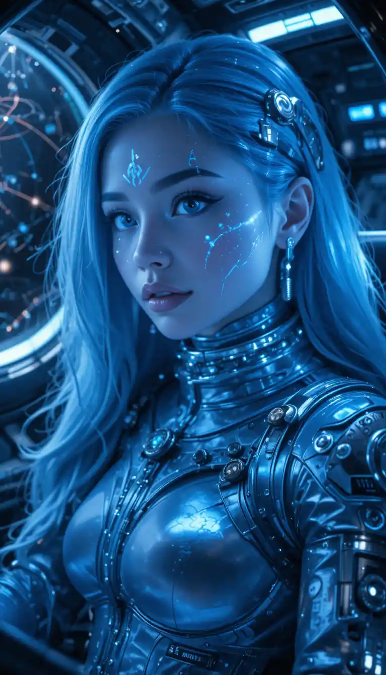 Blue Haired Alien Woman Pilot Studying A Cosmic Star Map