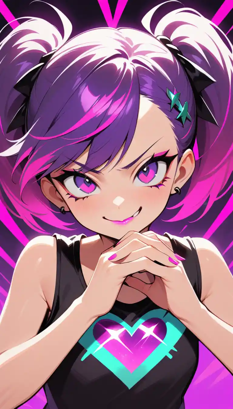 Ragazza punk con codini viola e mani a forma di cuore