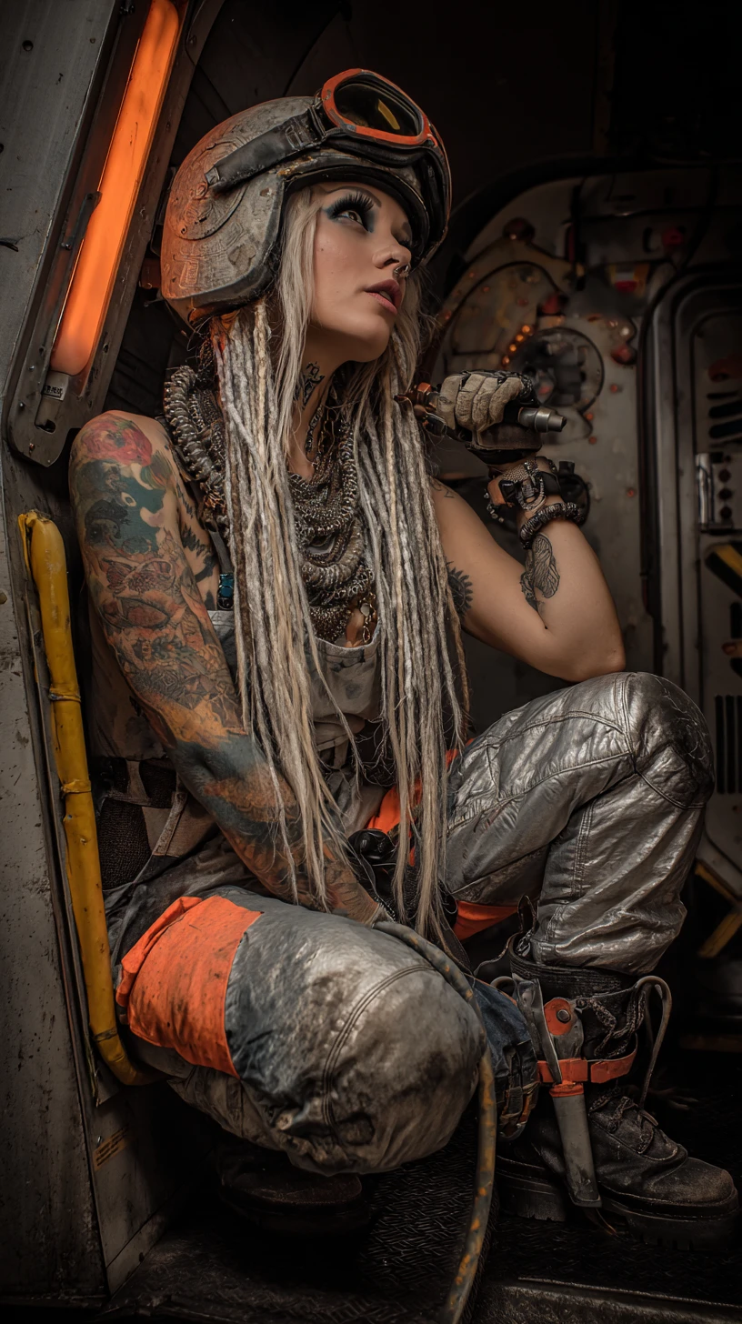 Meccanica spaziale glam rock che posa all'interno di un'astronave