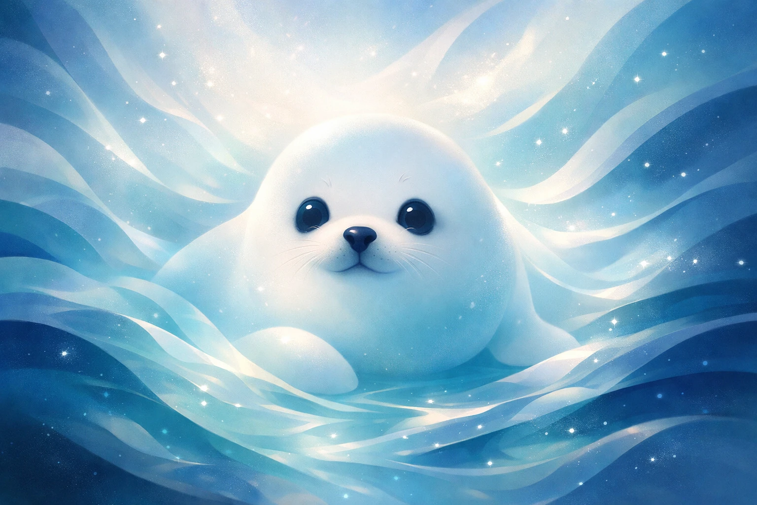Cucciolo di foca minimal e astratto che si fonde con forme oceaniche fluide