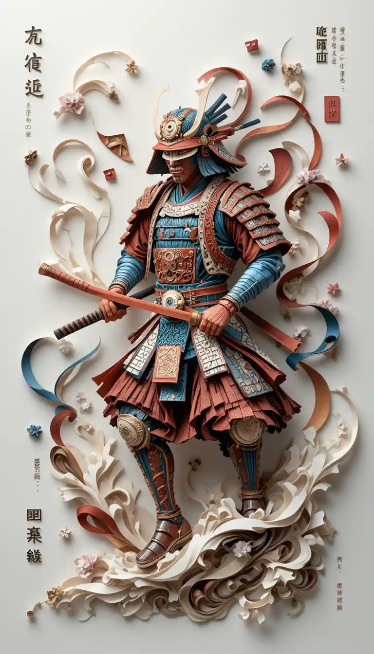 Paper samurai warrior sculpture in dynamic diagonal motion