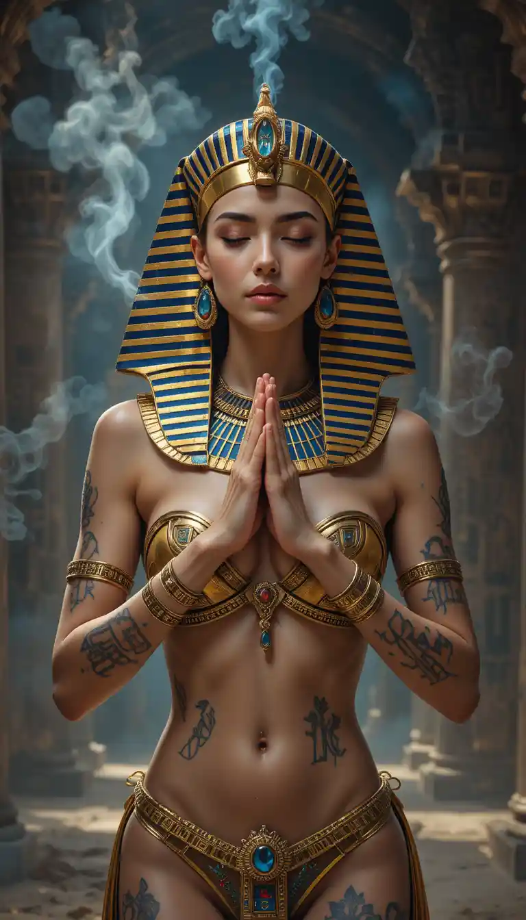 Mystical cinematic portrait of a modern egyptian queen