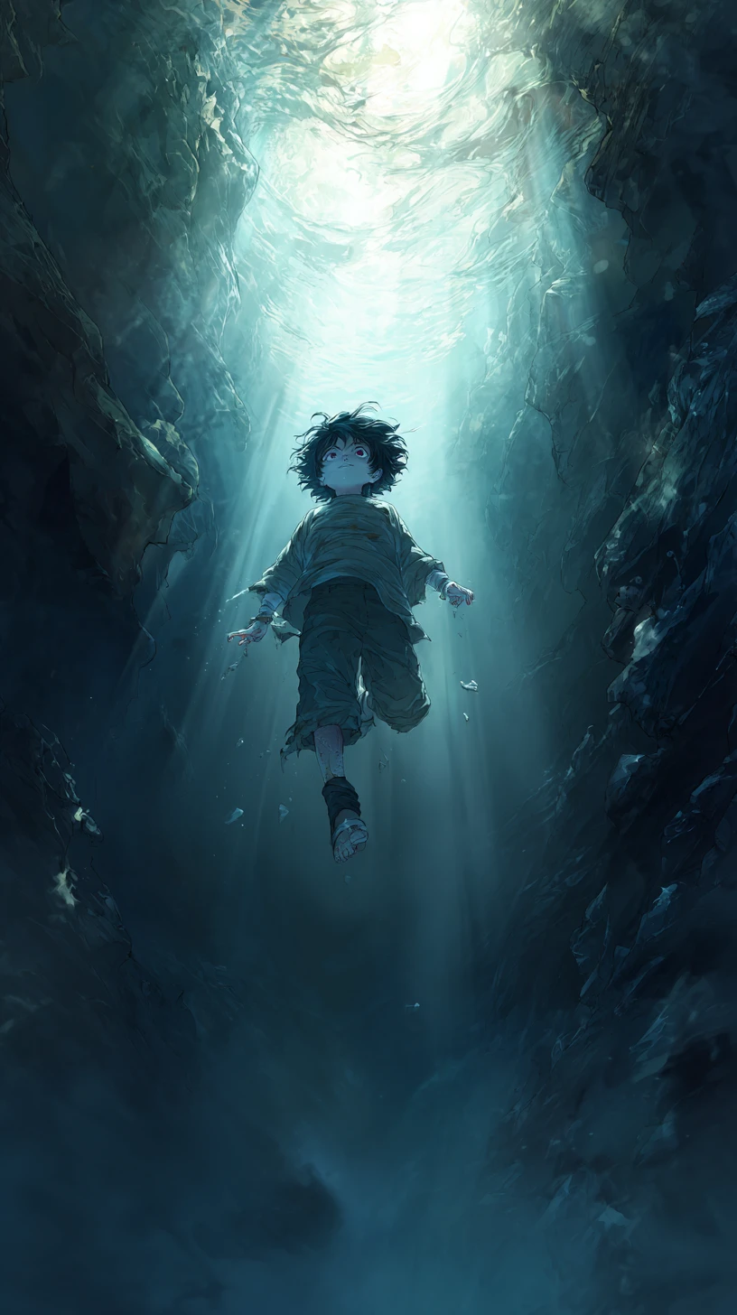 Joven niño flotando en una sima oscura con inquietantes haces de luz
