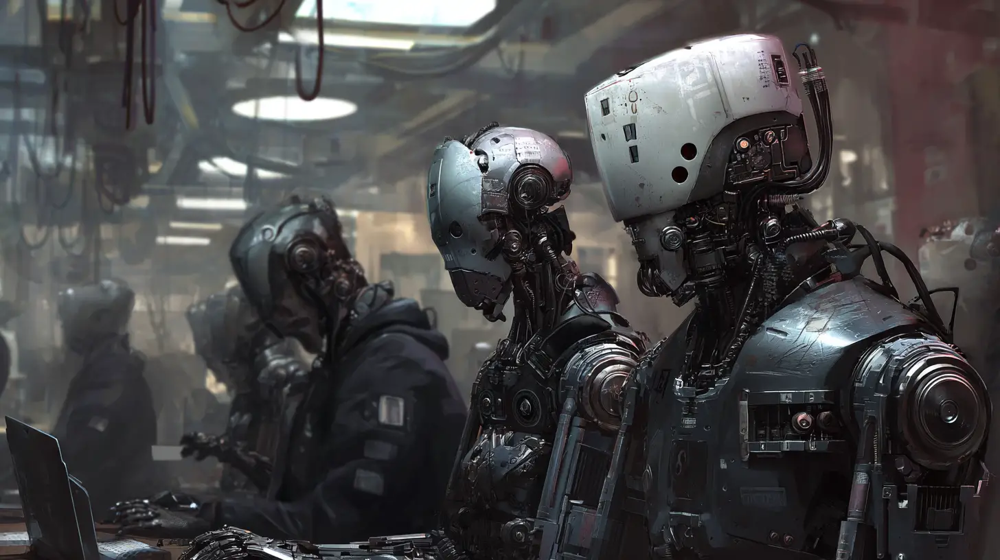 Prisonniers latinos surveillés par des officiers cyborgs robotiques en prison
