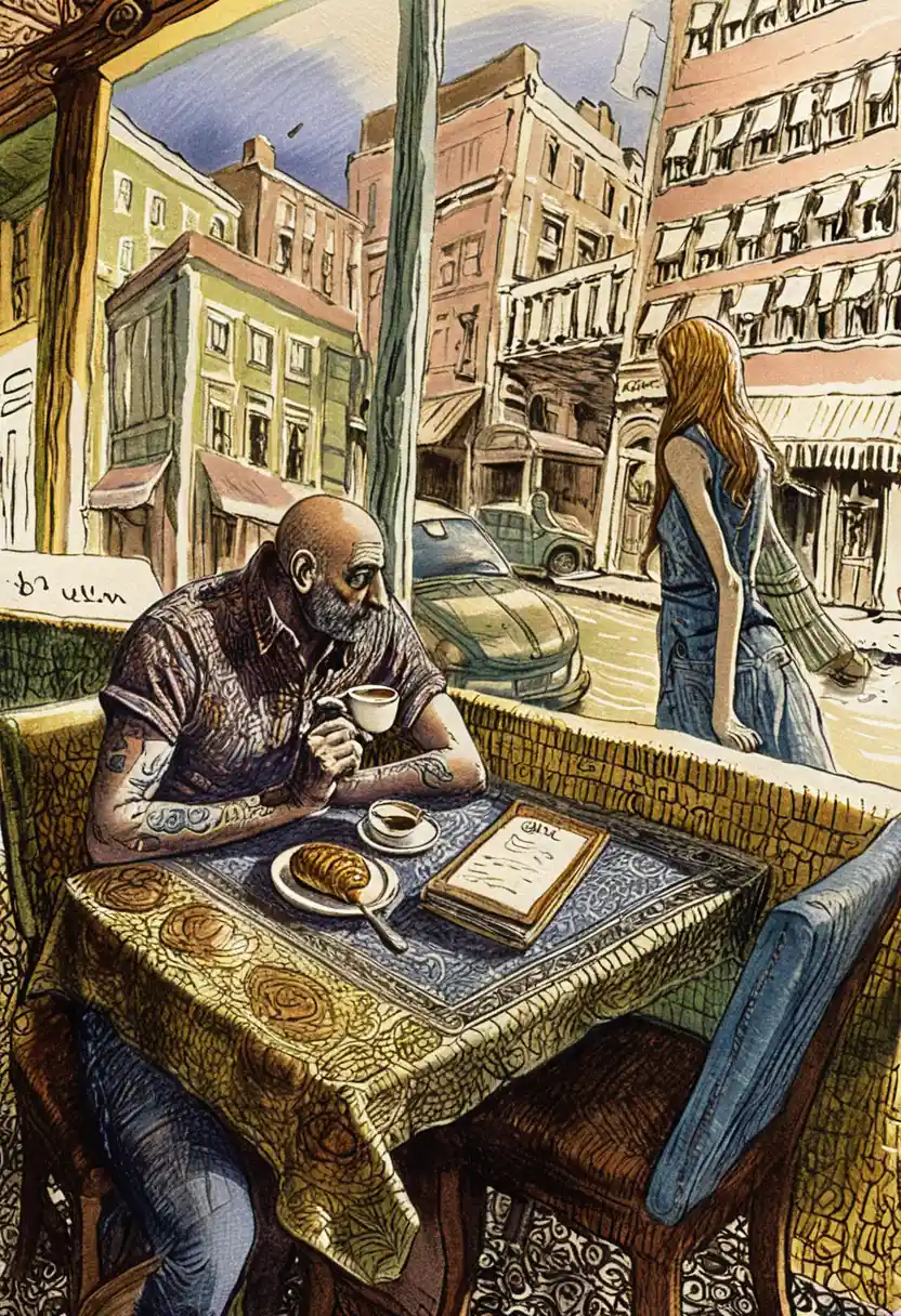 Uomo tatuato solo in una tavola calda vintage con caffè