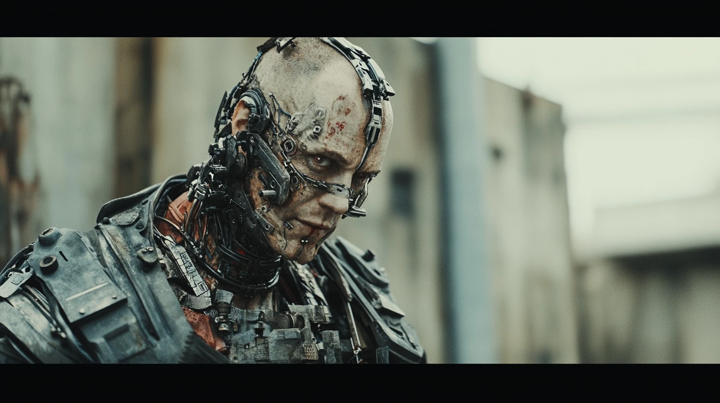 Comandante cyborg con torso meccanico in paesaggio urbano industriale
