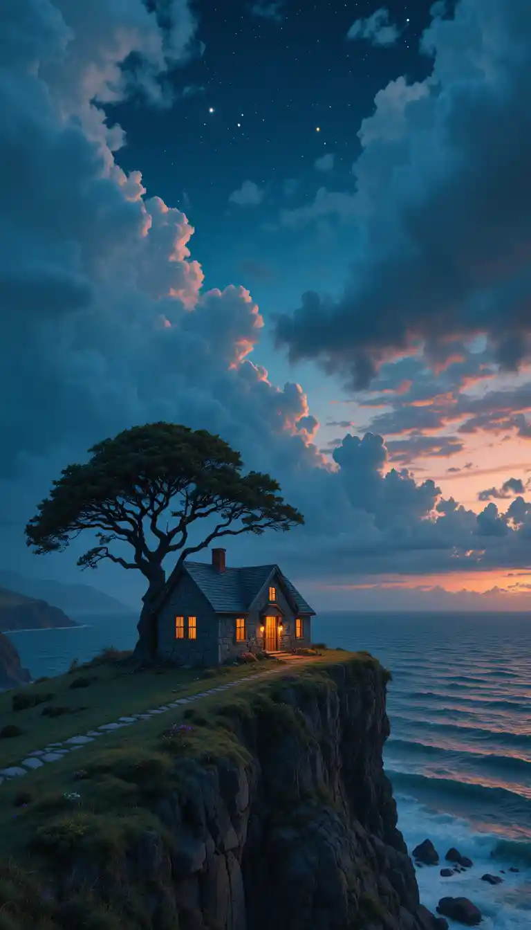 Rustico cottage in pietra su una scogliera sopra il mare luminoso