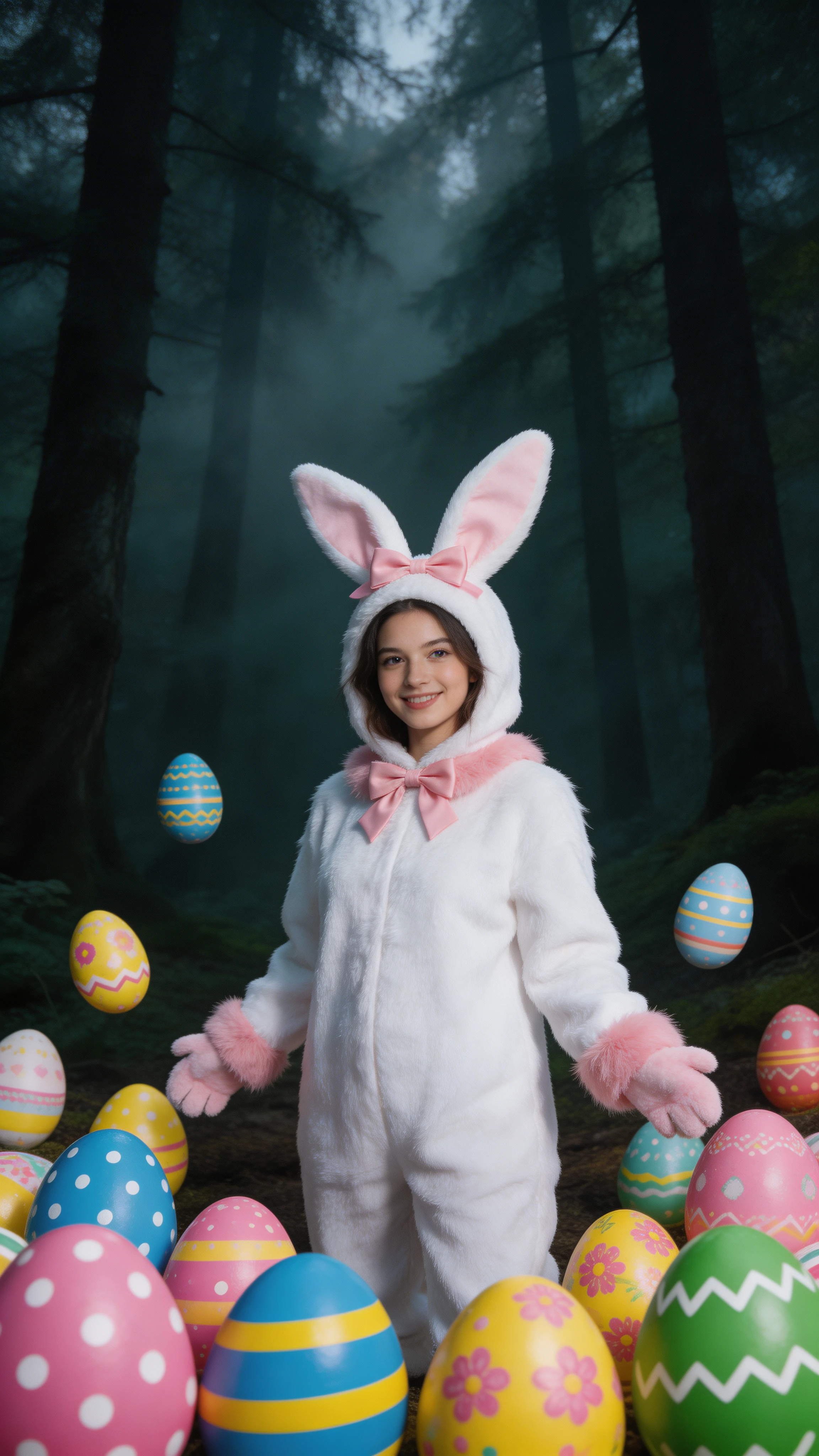 Giovane donna in costume da coniglietta di Pasqua in una foresta oscura