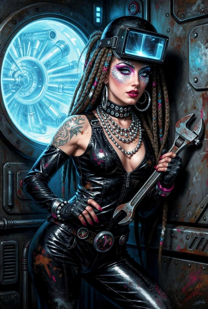 Glam-Rock-Weltraummechanikerin posiert im Raumschiff
