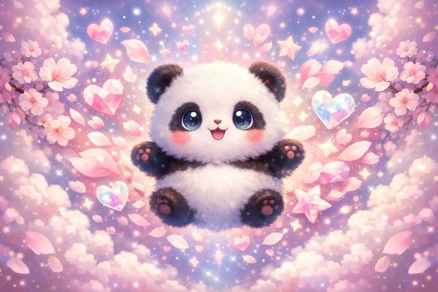 Cute round panda floating among pastel cherry blossoms