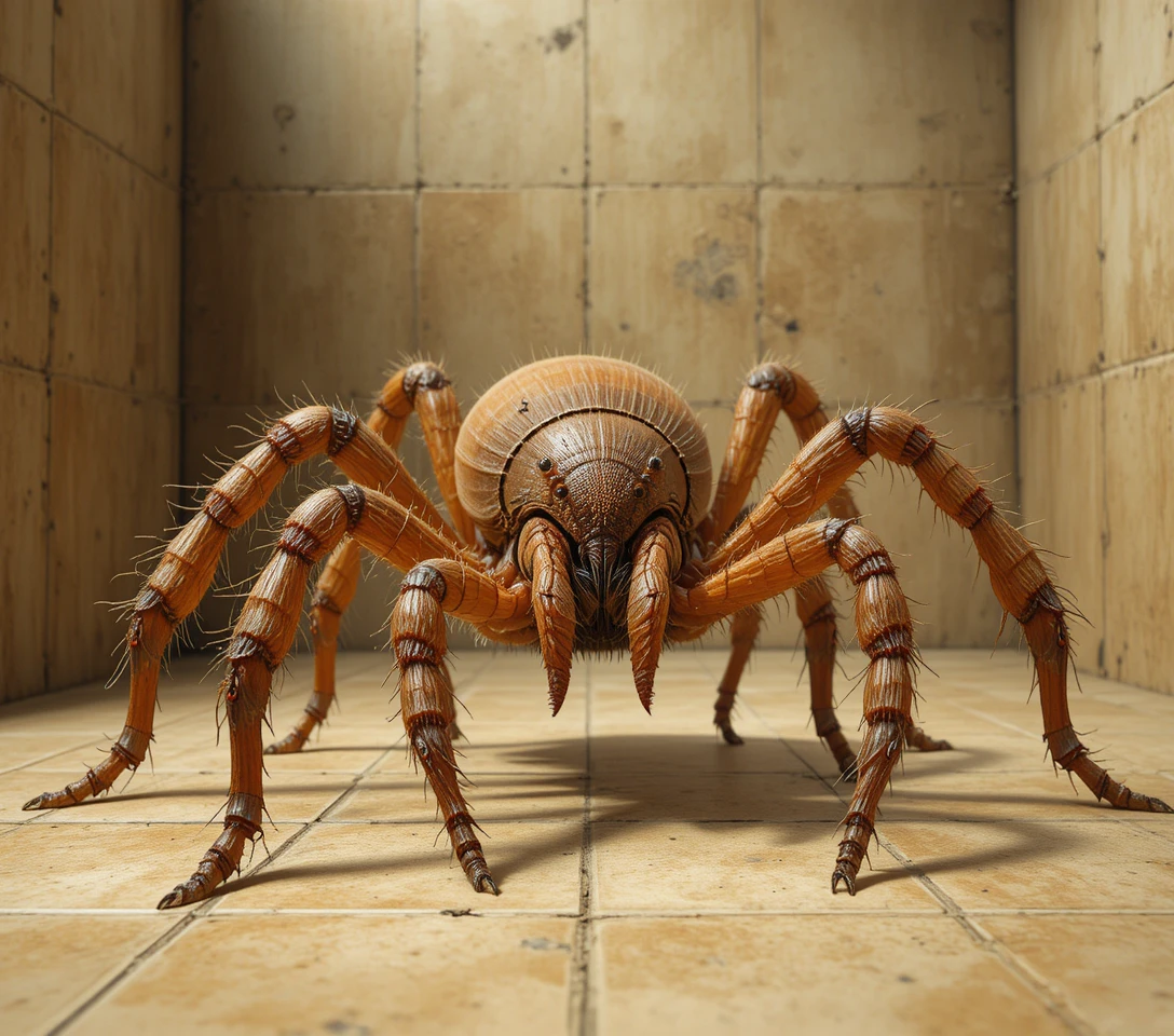 Aranha marrom em close-up sobre piso interno bege de azulejos