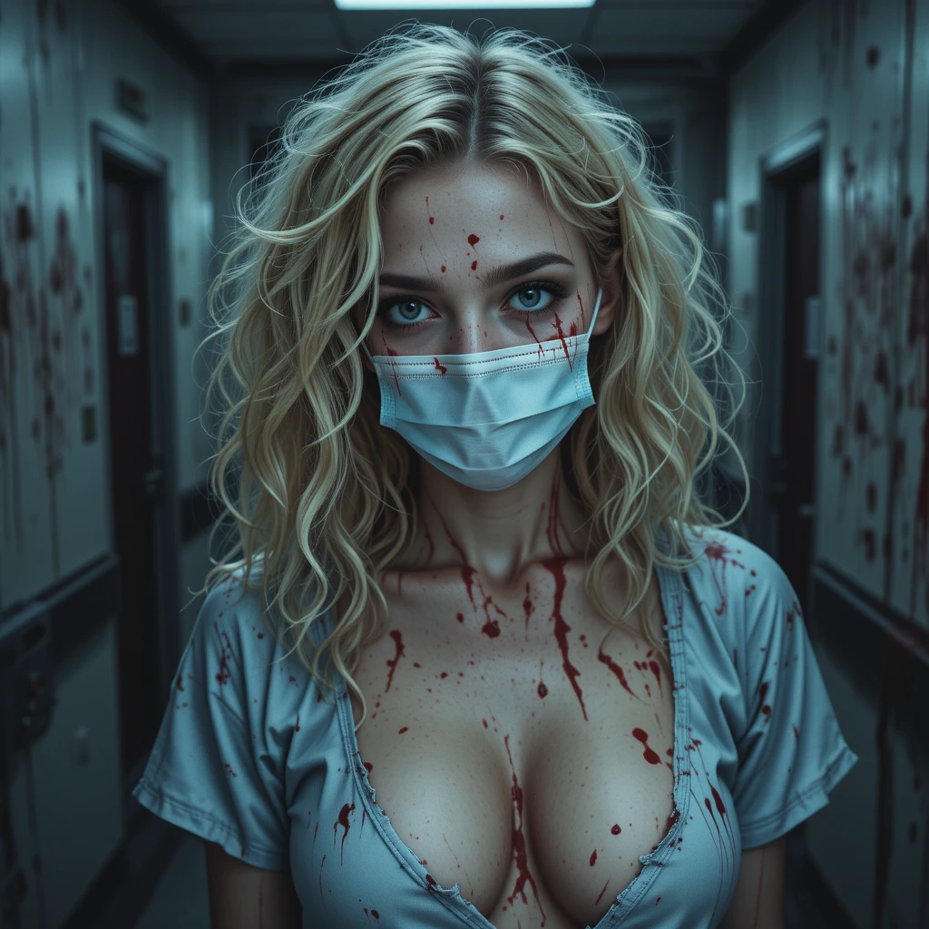 Blonde Krankenschwester mit blutiger Maske in dunklem Krankenhausflur