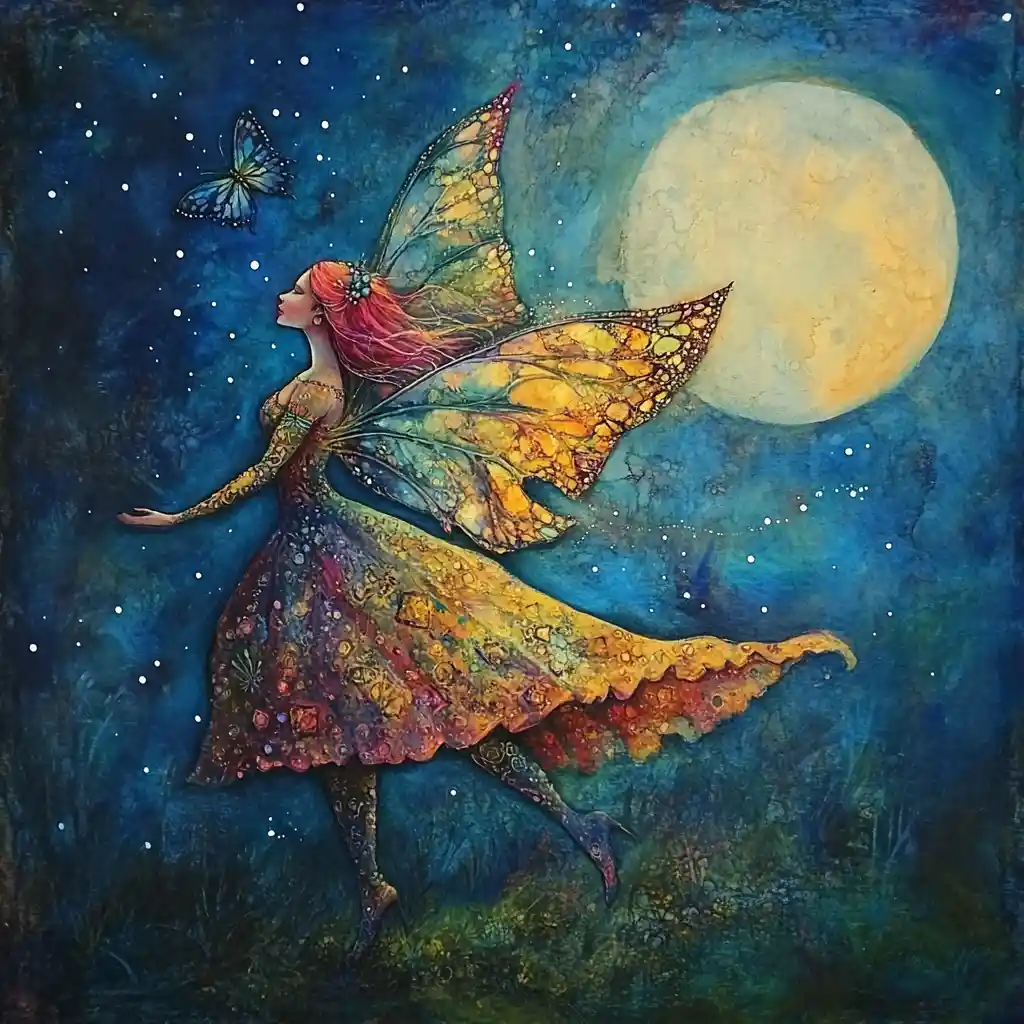 Fata che danza sotto il cielo illuminato dalla luna con ali brillanti