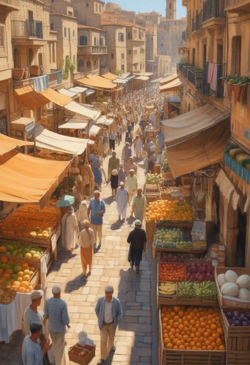 Vivace mercato di strada mediterraneo con calda architettura urbana