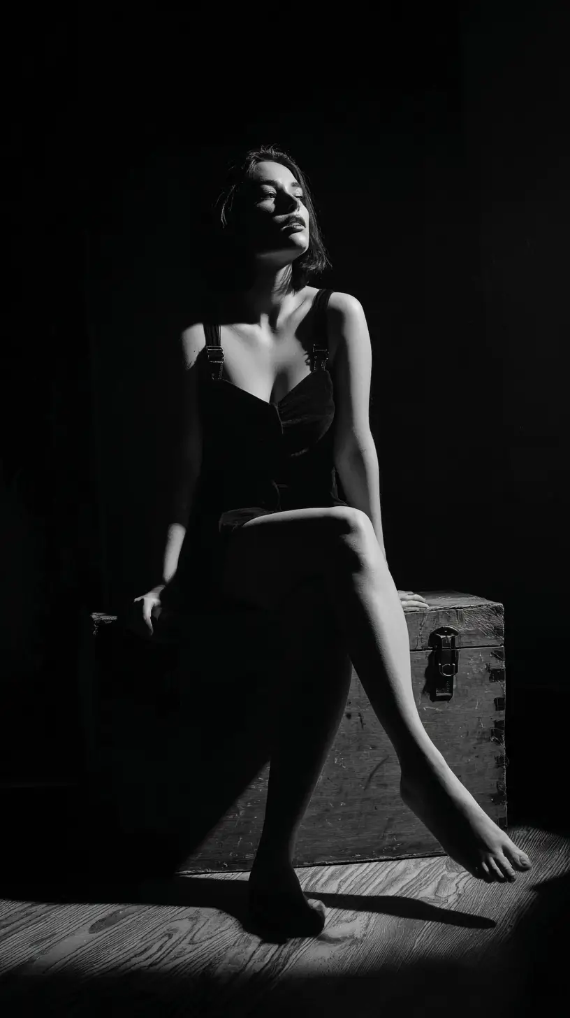 Woman on wooden crate in dramatic noir film lighting