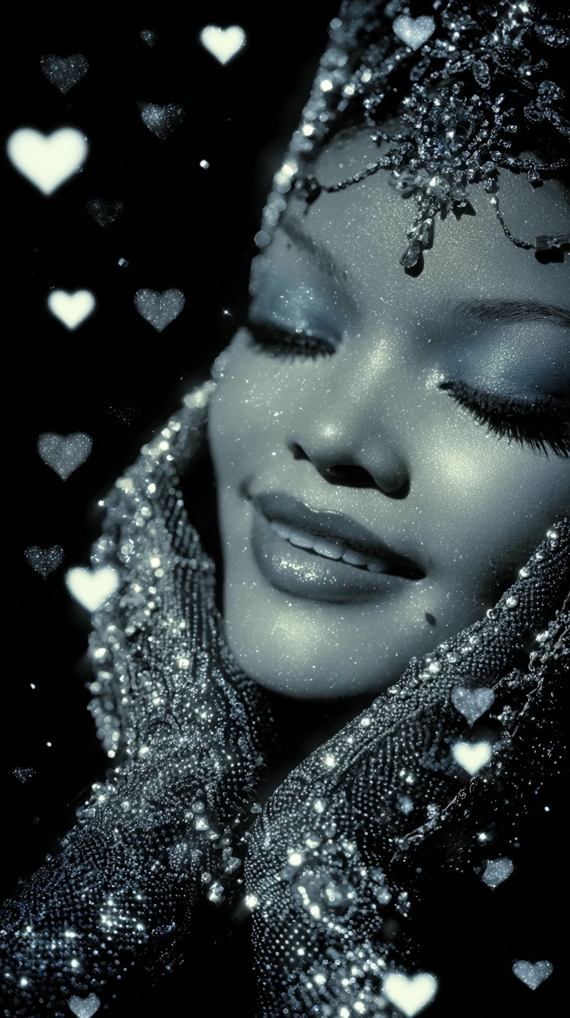 Glamorous goth woman with jeweled headpiece and radiant smile