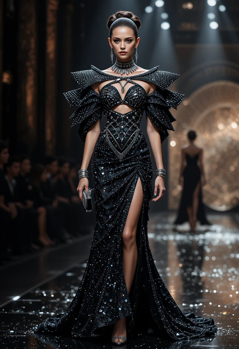 Modella di alta moda d’avanguardia su passerella di cristallo drammatica