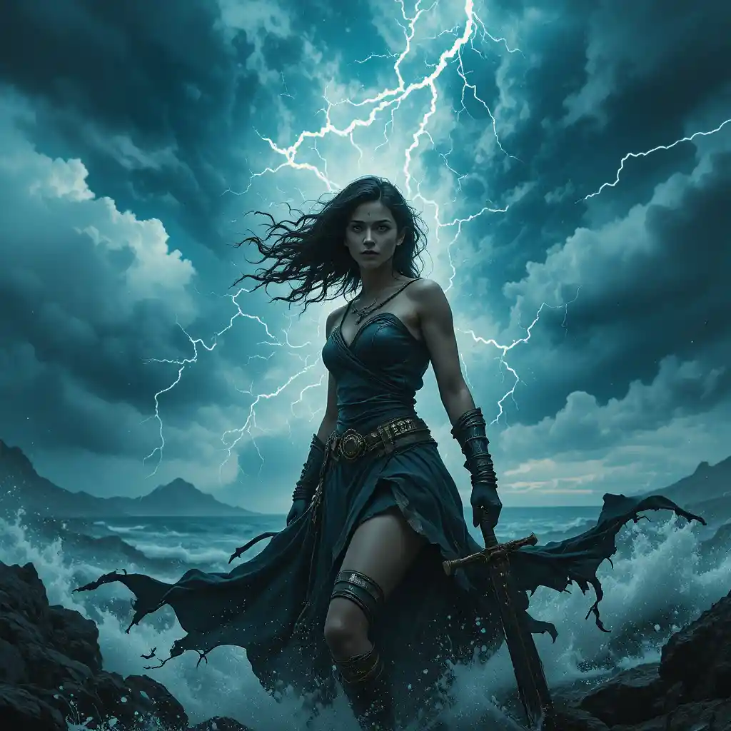 Guerrera desafiante frente a una furiosa tormenta con relámpagos