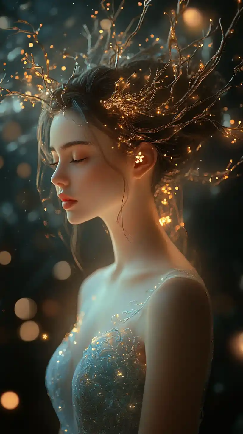 Ethereal girl in glowing blue gown against cosmic night sky