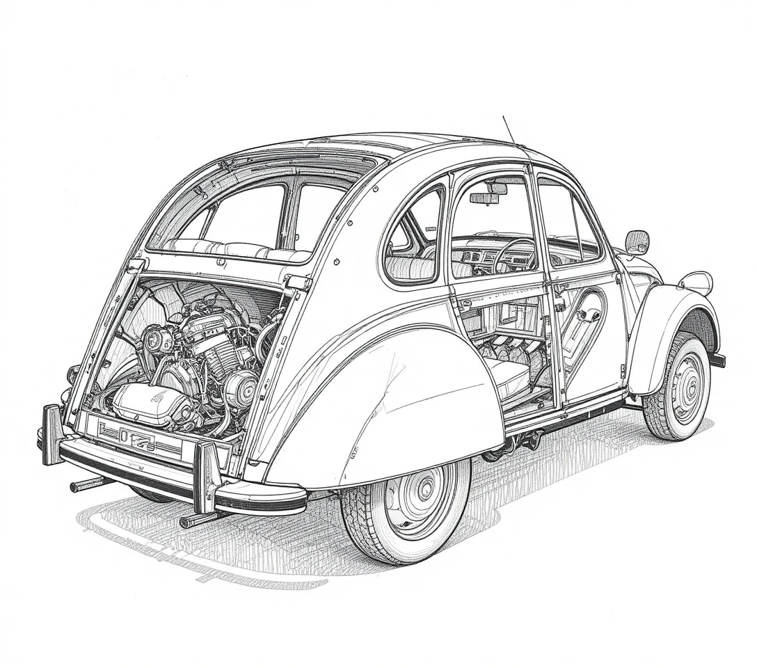 Technical cutaway drawing of a classic car in isometric view