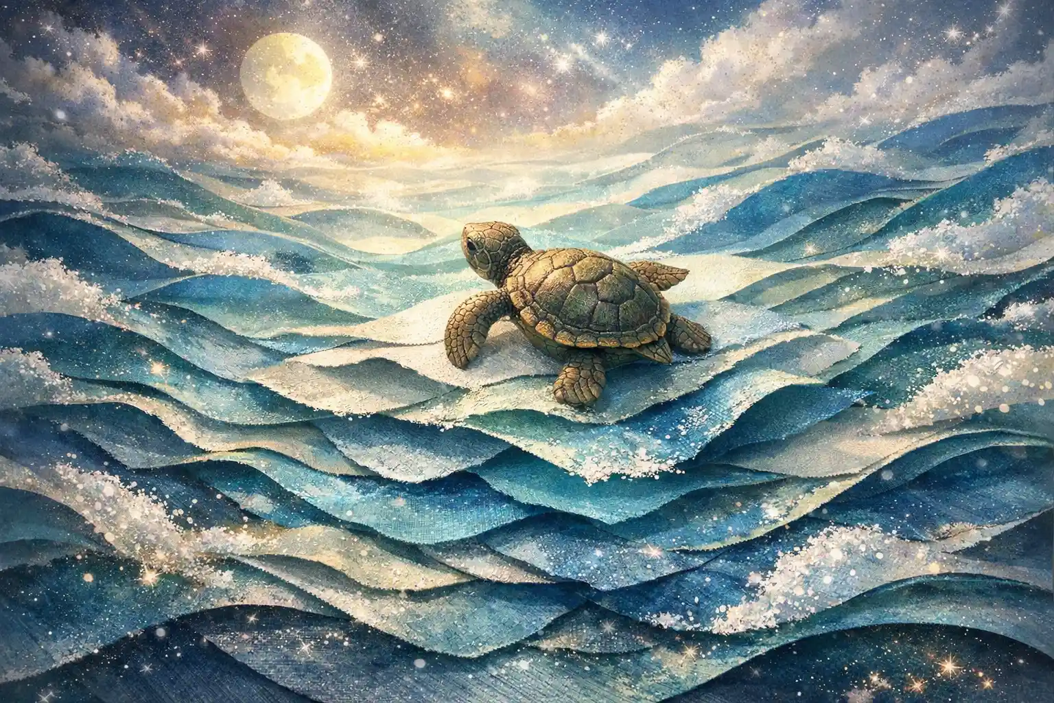 Baby turtle walking across layered paper waves from above
