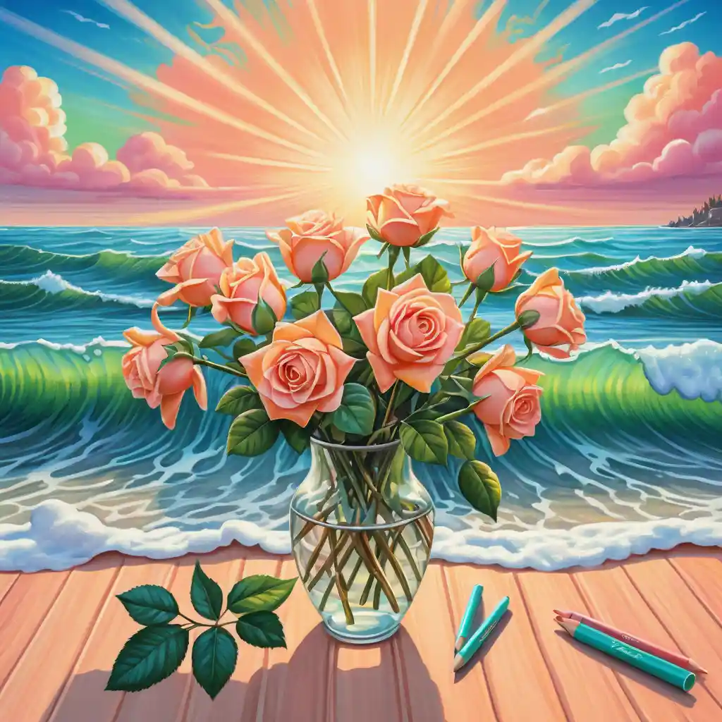 Paesaggio marino estivo con rose in vivaci colori pastello