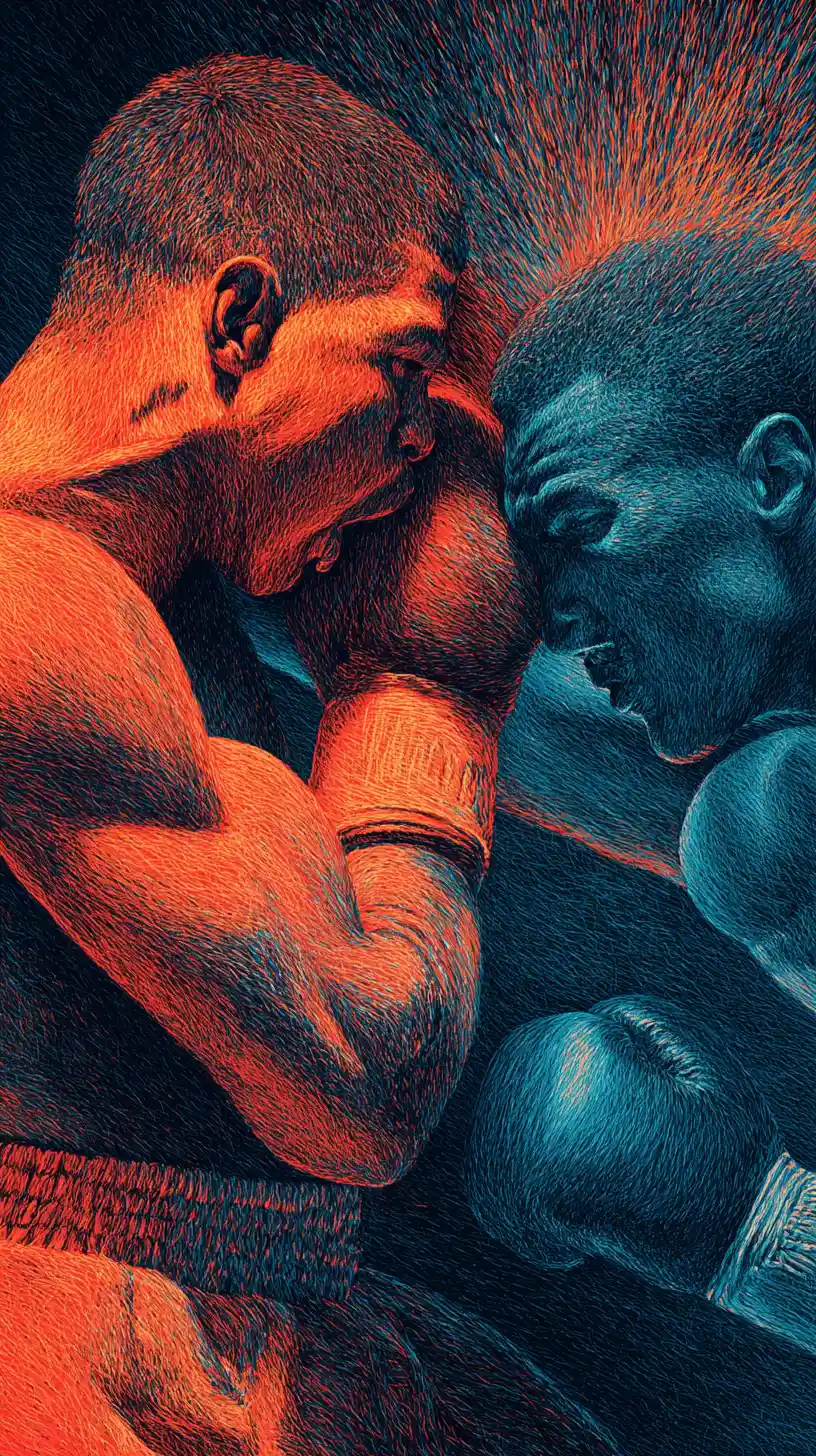 Zwei Boxer tauschen einen dramatischen Schlag in einer Buntstift-Illustration