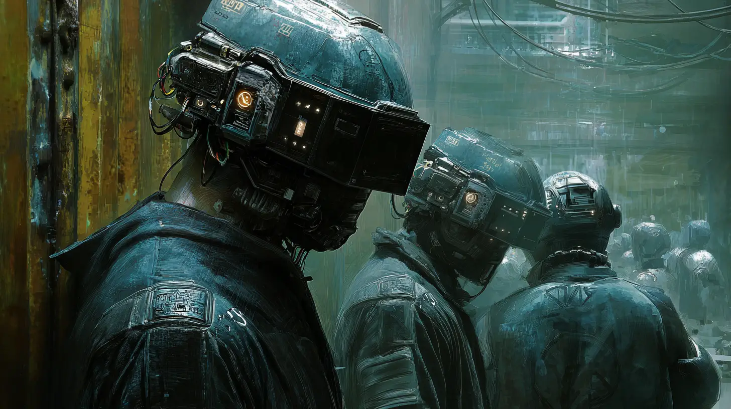 Prisonniers latinos gardés par des officiers cyborgs robotiques en prison