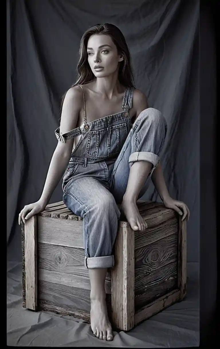 Donna con salopette di jeans seduta su una cassa di legno