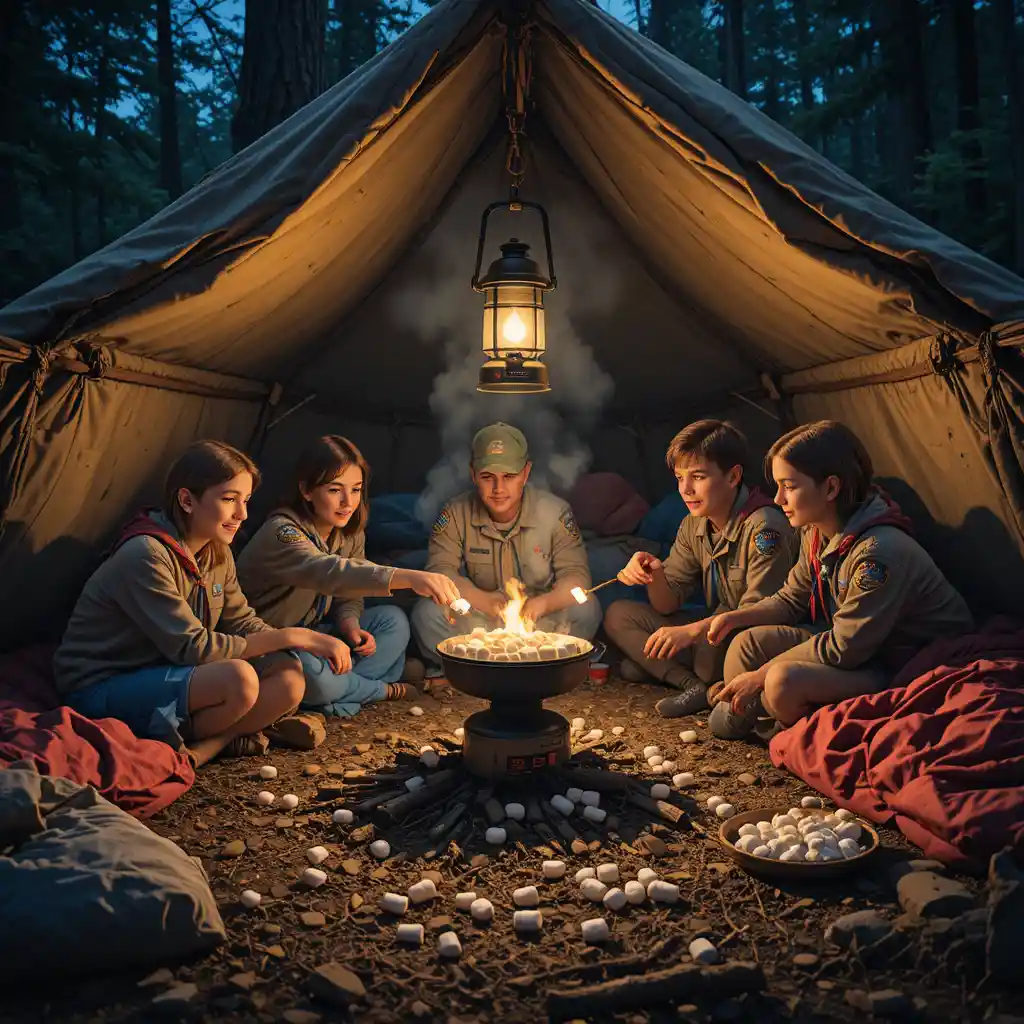 Boy-Scout-Laterne leuchtet auf einem gemütlichen Outdoor-Campingplatz
