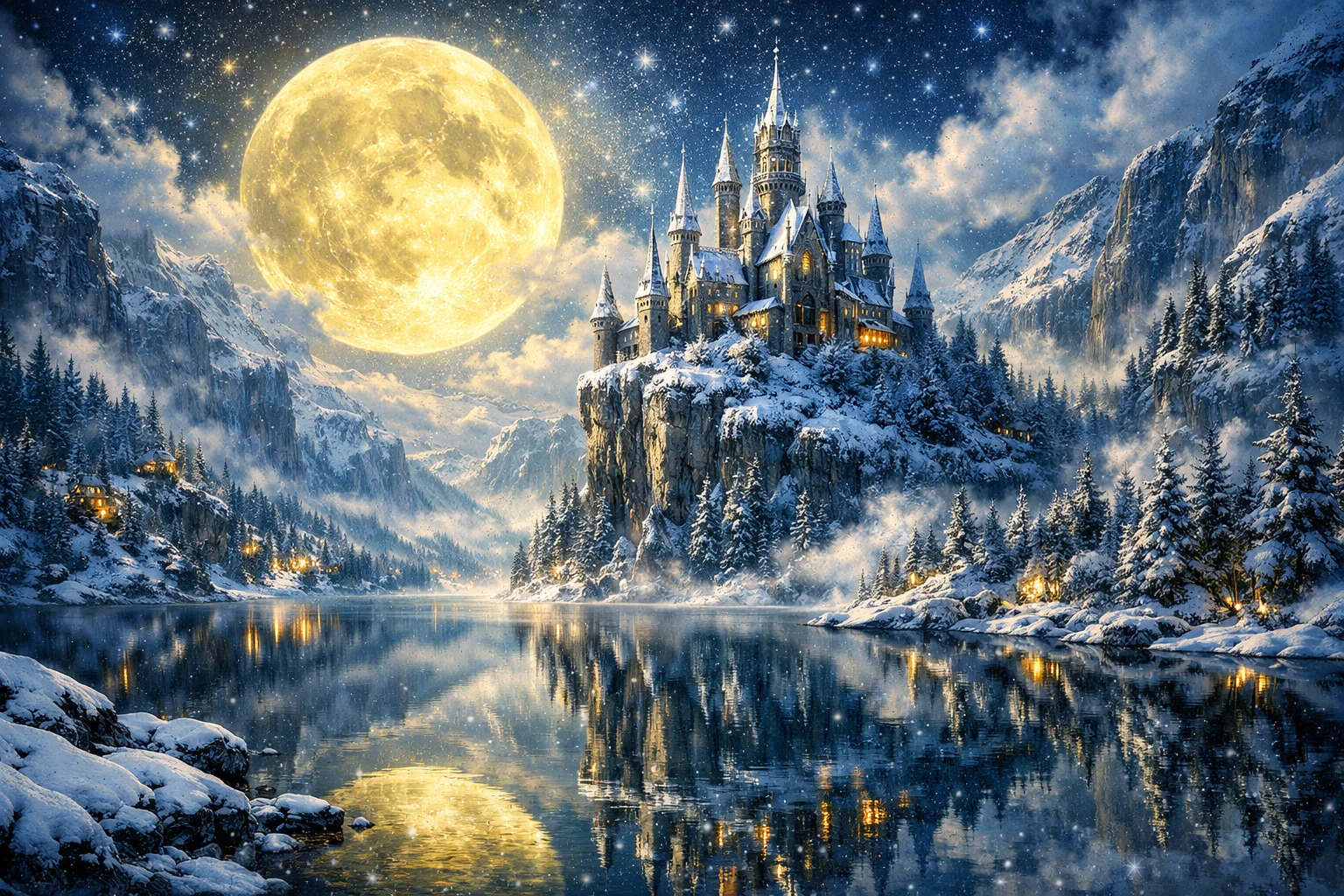 Majestueux château de neige sous une lune d’hiver lumineuse