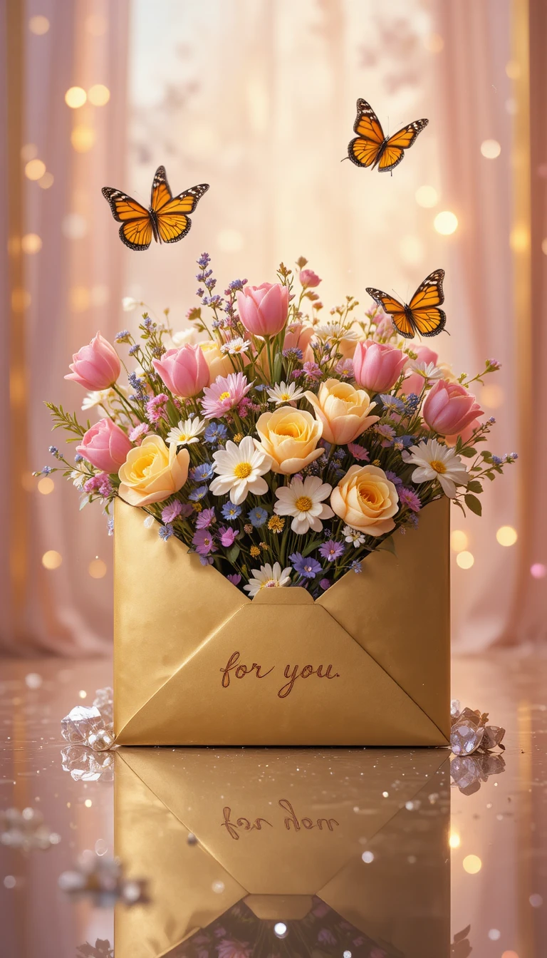 Ramo romántico de tulipanes en sobre dorado con mariposas